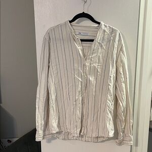 Zara Men's Cream Button-Down Shirt with Navy Pinstripes